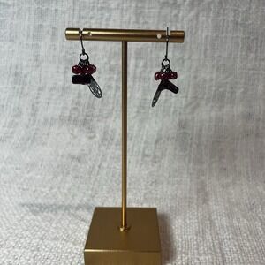 Red Crystal Beaded Silver Teardrop Dangle Earrings Preppy Streetwear‎ Y2K